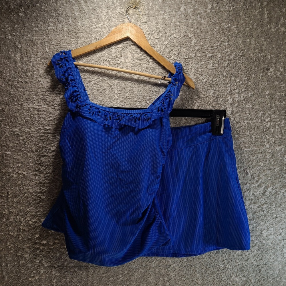 Susan Graver Women's Tankini With Swim Skirt Blue 2pc Set Nylon Ruched Lined 10